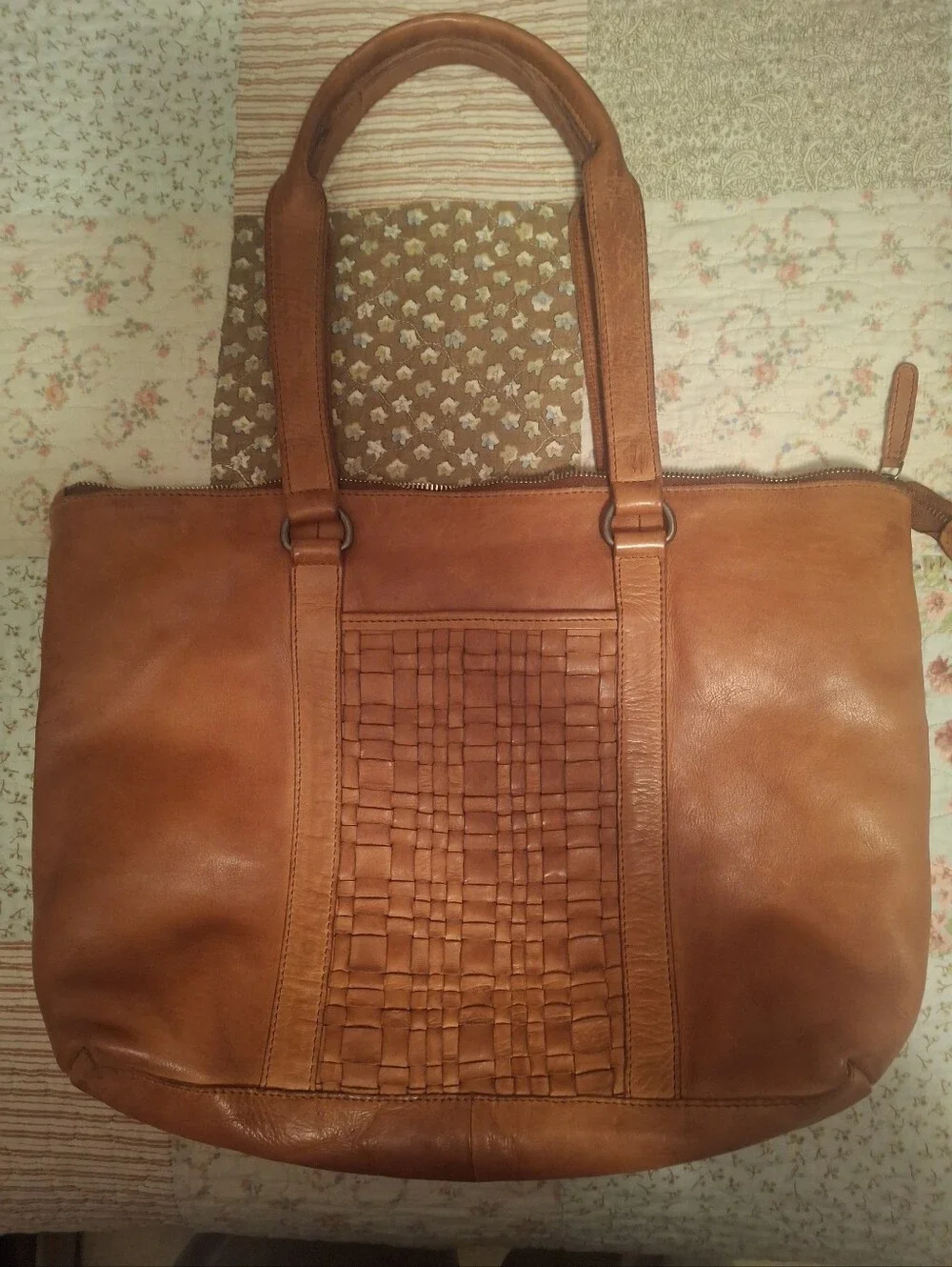 Tan Leather Woven-Accent Womens Computer Or Tote Bag
